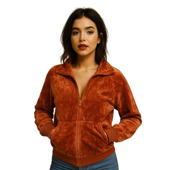 EUC Vintage American Apparel Unisex Burnt Orange Velour Track Jacket - Picture 1 of 8